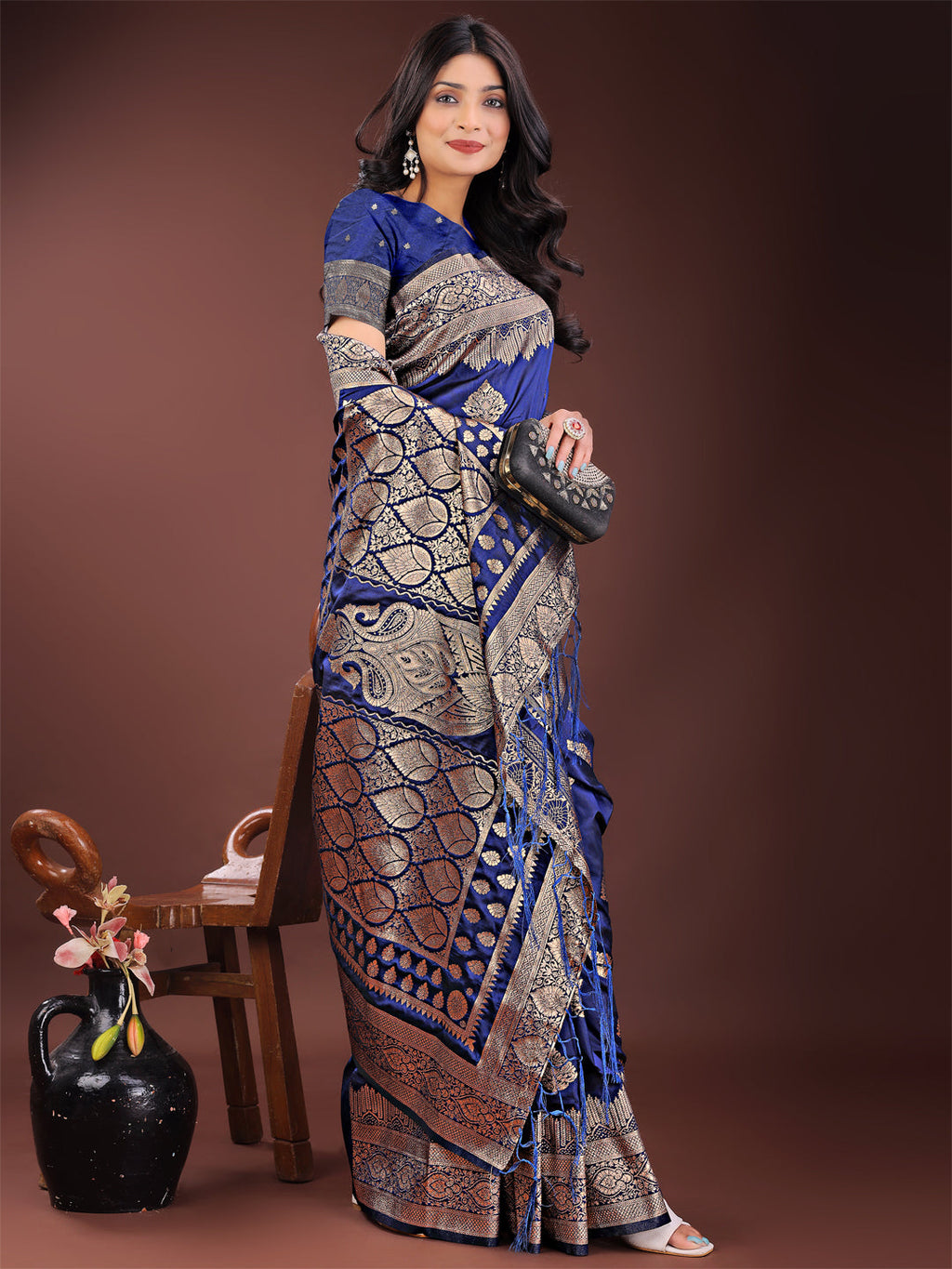 Shree Shyam Fashion Graceful Navy Blue Banarasi Silk Saree with Silver Zari - Perfect Ethnic Wear for Weddings & Festive Moments