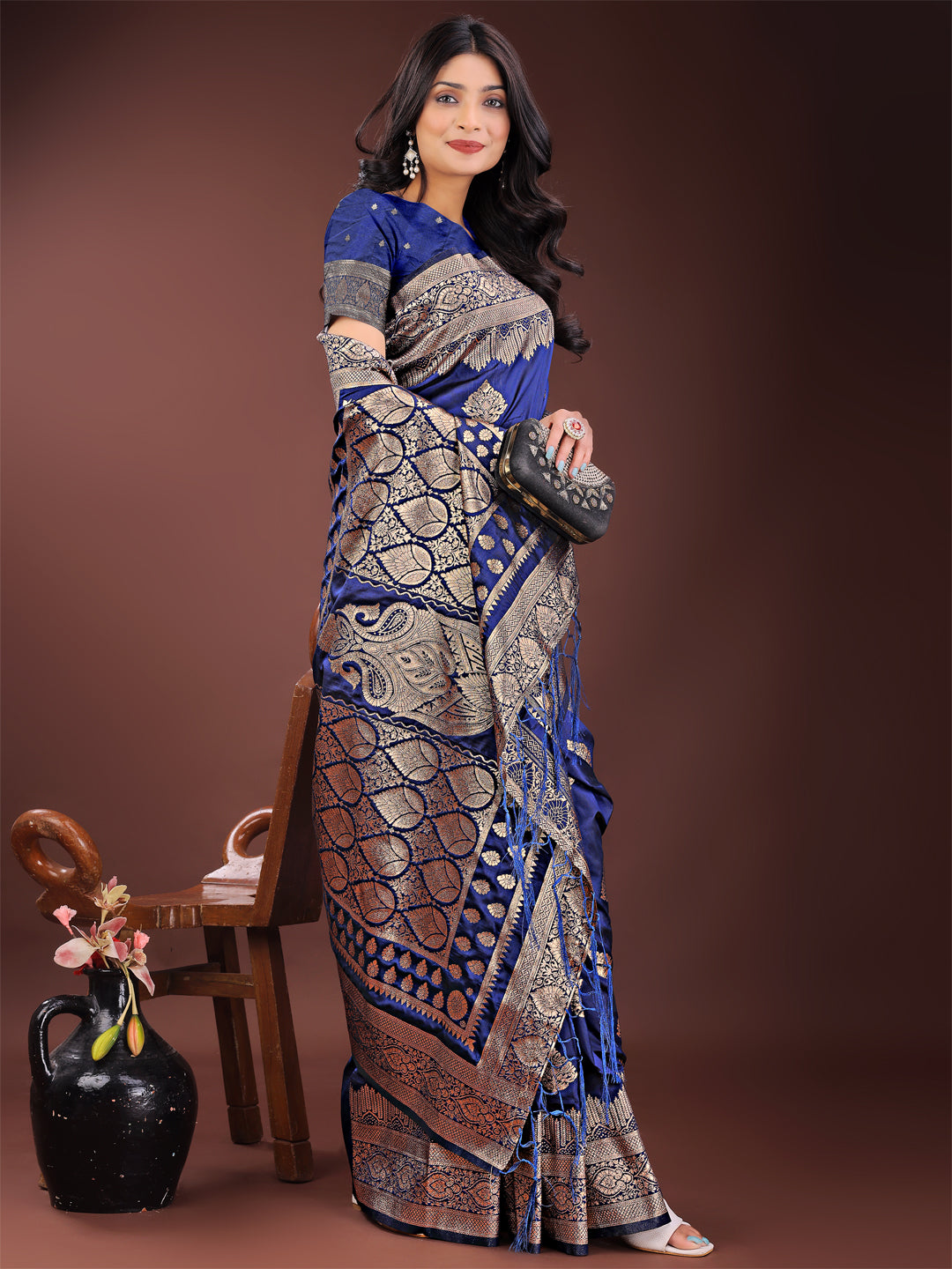 Shree Shyam Fashion Graceful Navy Blue Banarasi Silk Saree with Silver Zari - Perfect Ethnic Wear for Weddings & Festive Moments