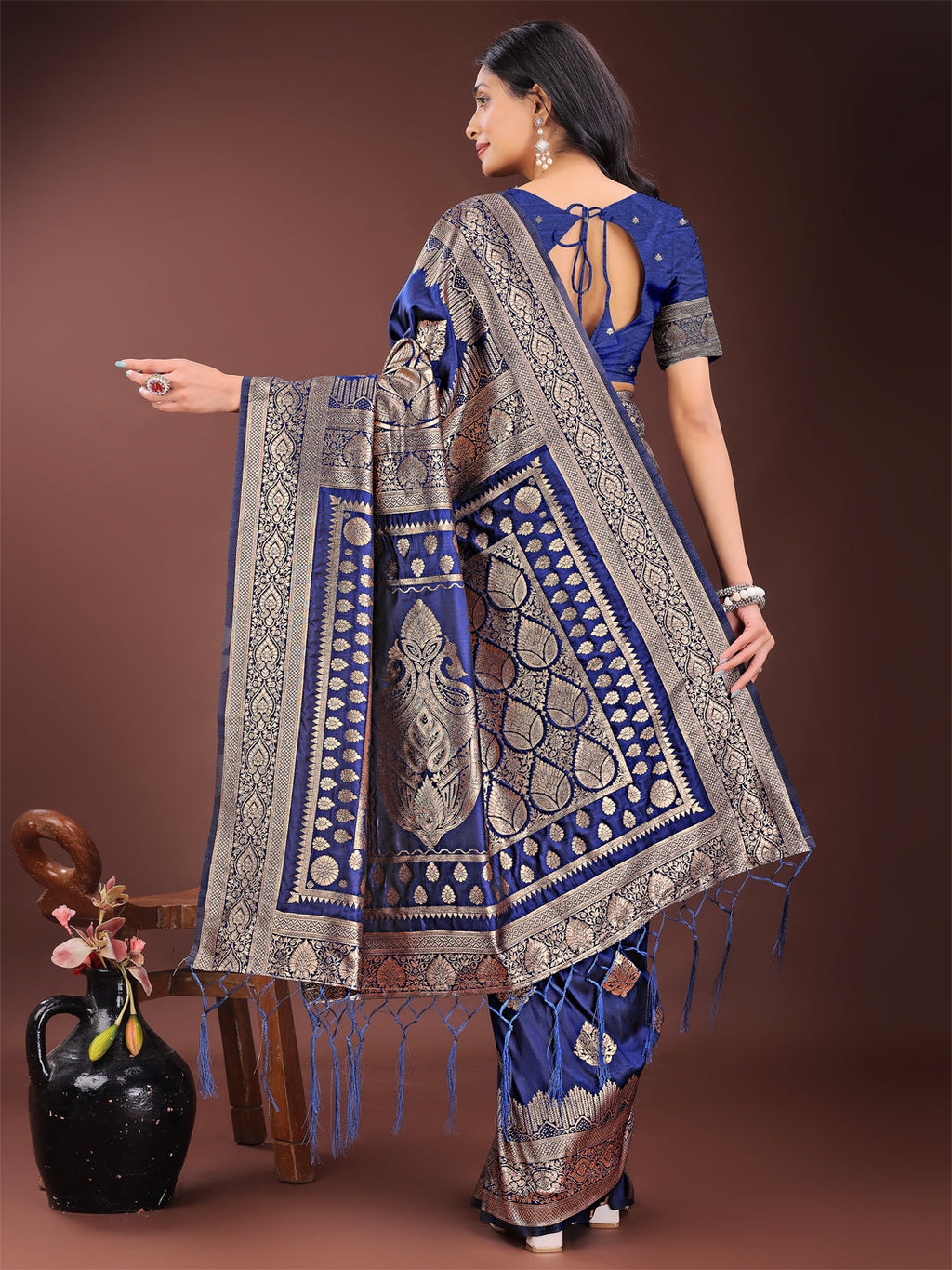 Shree Shyam Fashion Graceful Navy Blue Banarasi Silk Saree with Silver Zari - Perfect Ethnic Wear for Weddings & Festive Moments