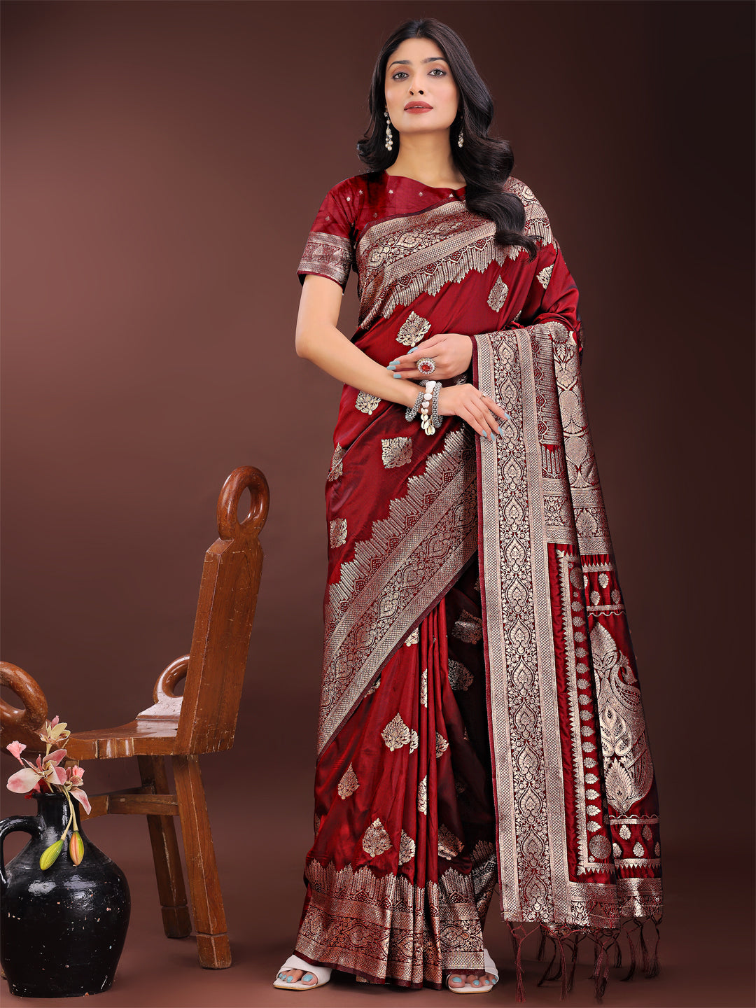 Shree Shyam Fashion Graceful Maroon Banarasi Silk Saree with Silver Zari - Perfect Ethnic Wear for Weddings & Festive Moments