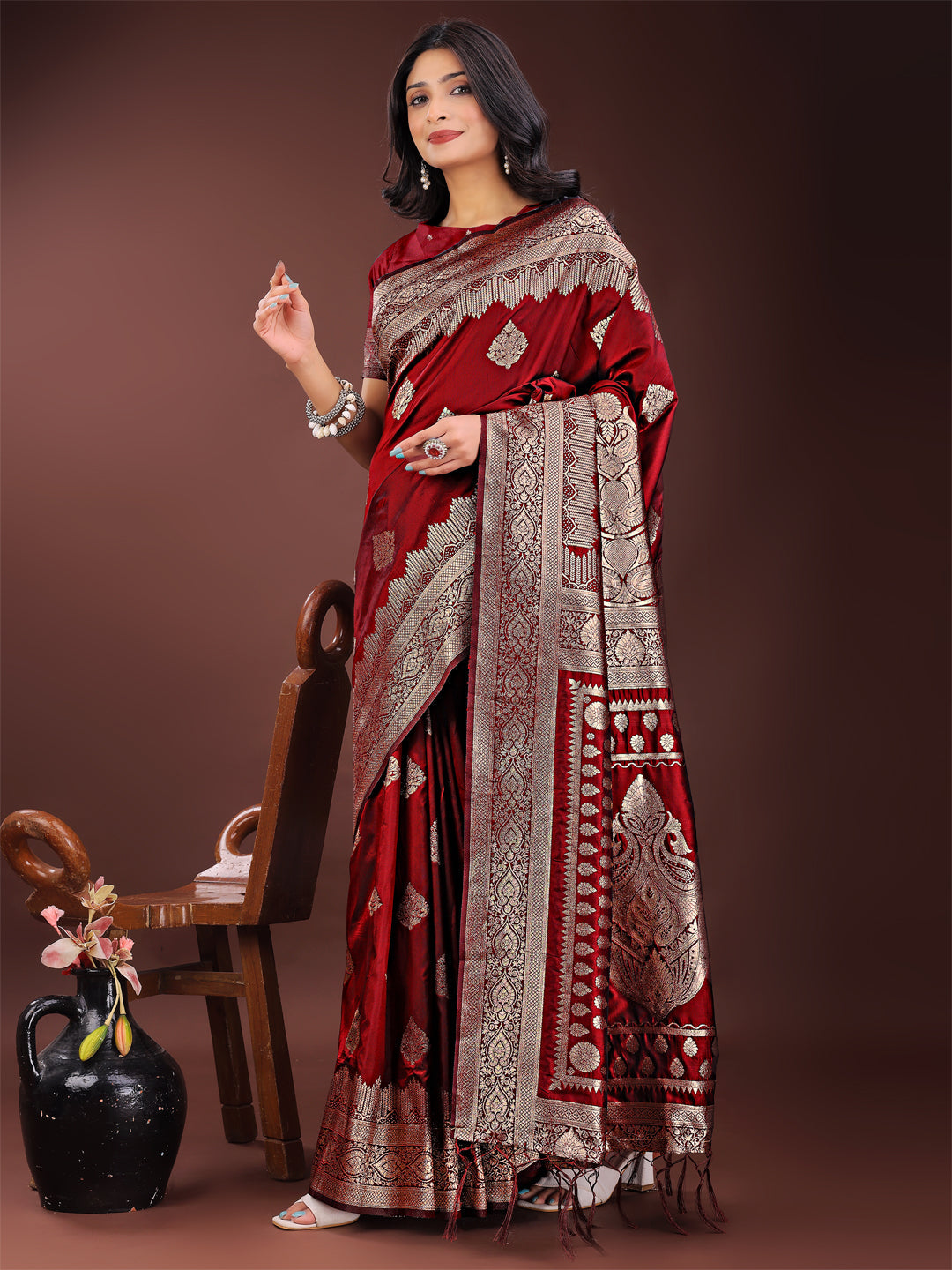Shree Shyam Fashion Graceful Maroon Banarasi Silk Saree with Silver Zari - Perfect Ethnic Wear for Weddings & Festive Moments