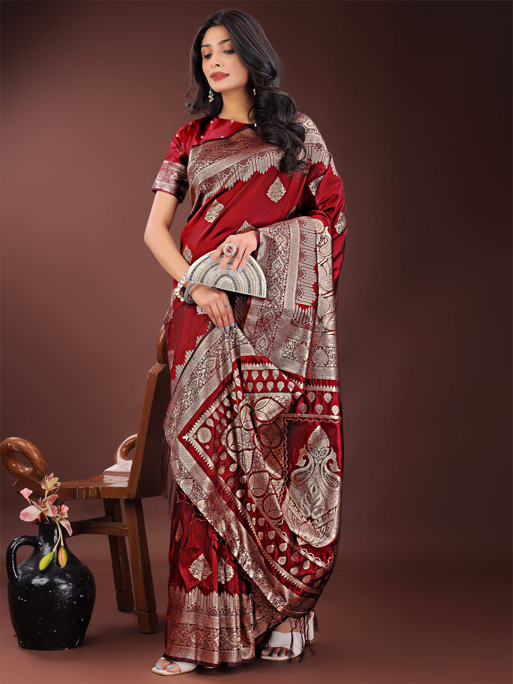 Shree Shyam Fashion Graceful Maroon Banarasi Silk Saree with Silver Zari - Perfect Ethnic Wear for Weddings & Festive Moments