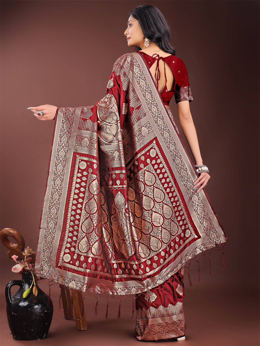 Shree Shyam Fashion Graceful Maroon Banarasi Silk Saree with Silver Zari - Perfect Ethnic Wear for Weddings & Festive Moments