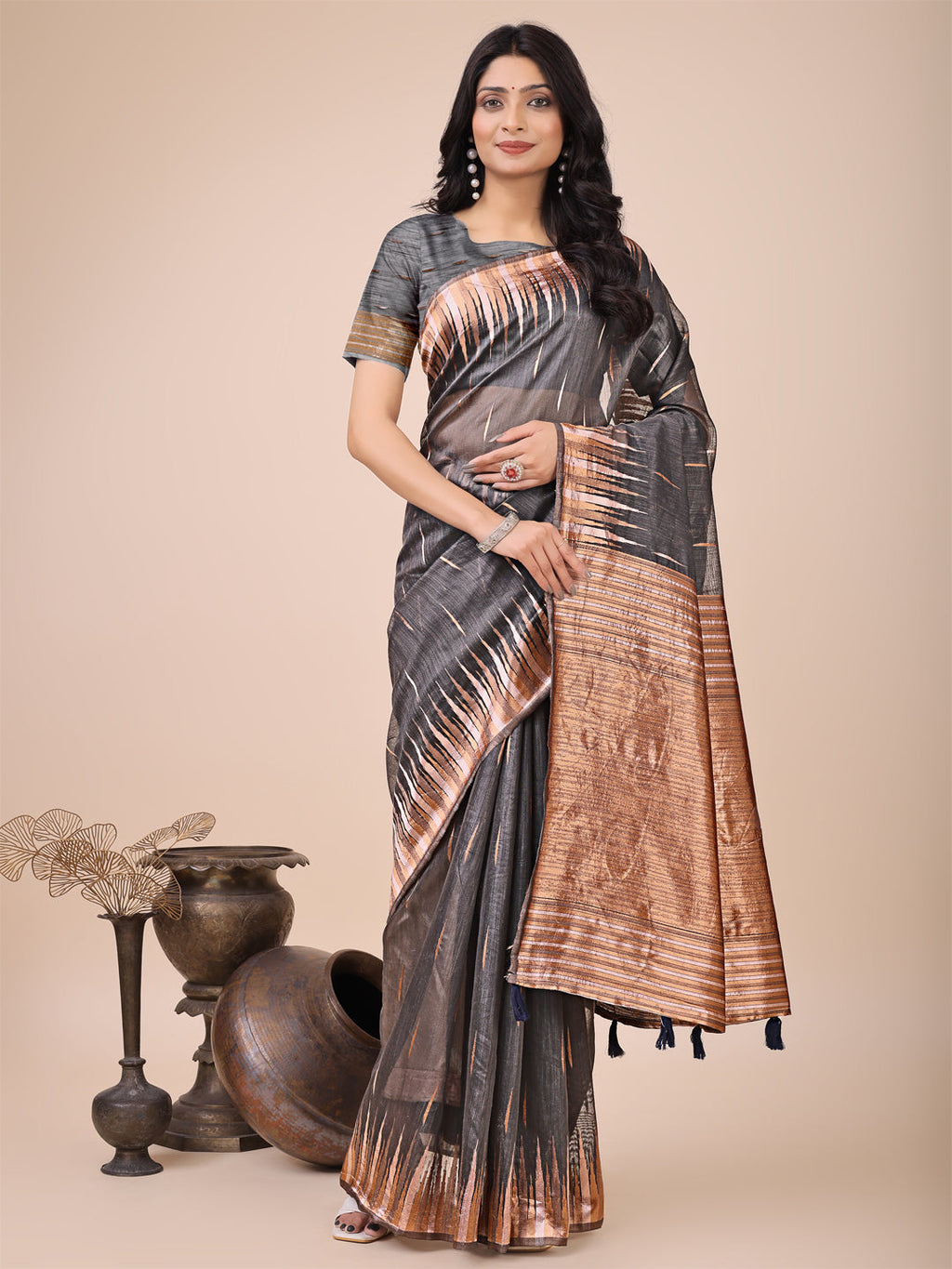 Shree Shyam Fashion Premium Charcoal Black Linen Cotton Saree with Copper Zari Pallu & Abstract Print - Office & Festive Wear