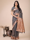 Shree Shyam Fashion Premium Charcoal Black Linen Cotton Saree with Copper Zari Pallu & Abstract Print - Office & Festive Wear