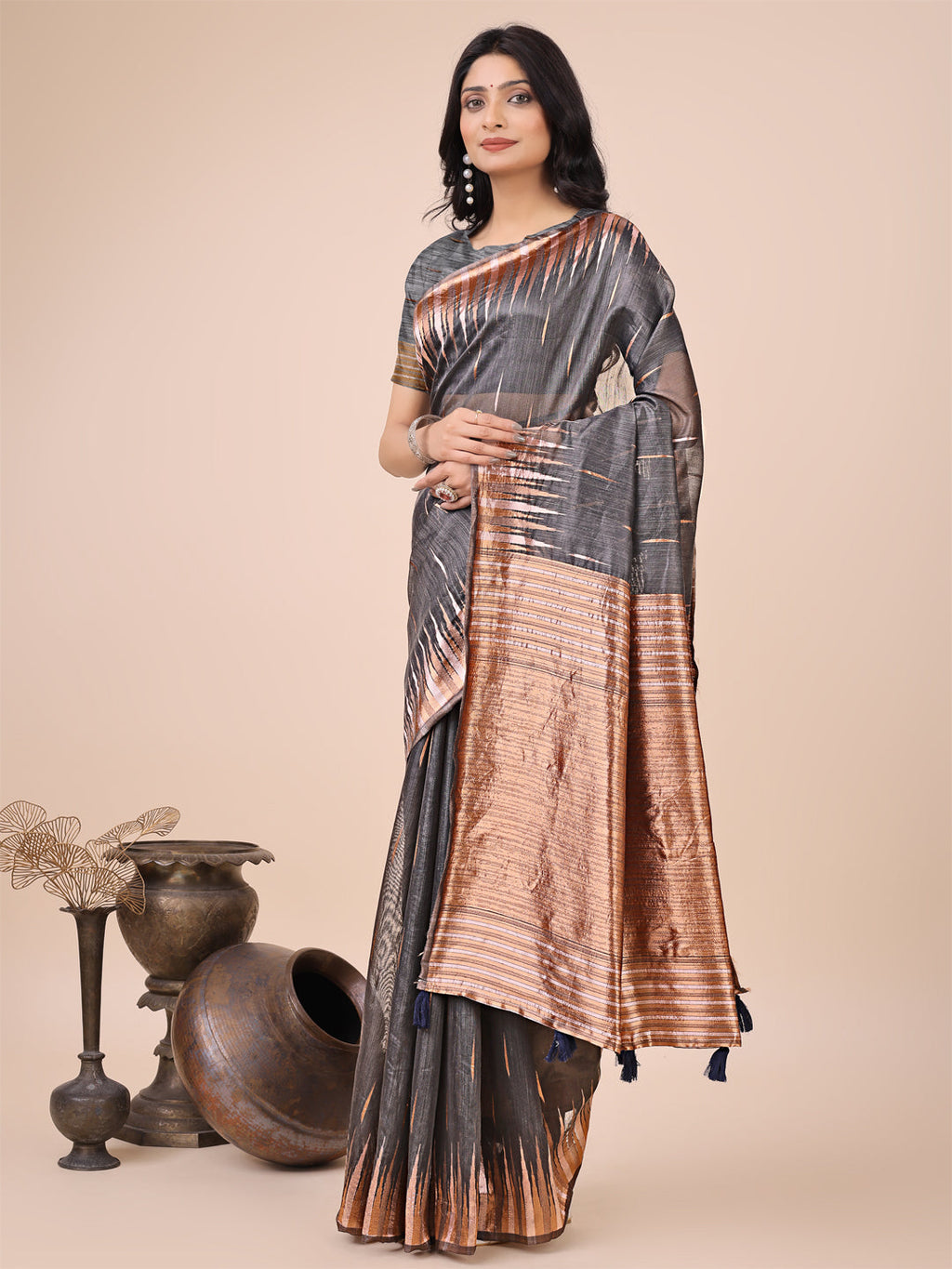 Shree Shyam Fashion Premium Charcoal Black Linen Cotton Saree with Copper Zari Pallu & Abstract Print - Office & Festive Wear