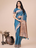Shree Shyam Fashion Elegant Blue Linen Cotton Saree with Copper Zari Pallu and Artistic Brush Pattern - Festive & Formal Wear