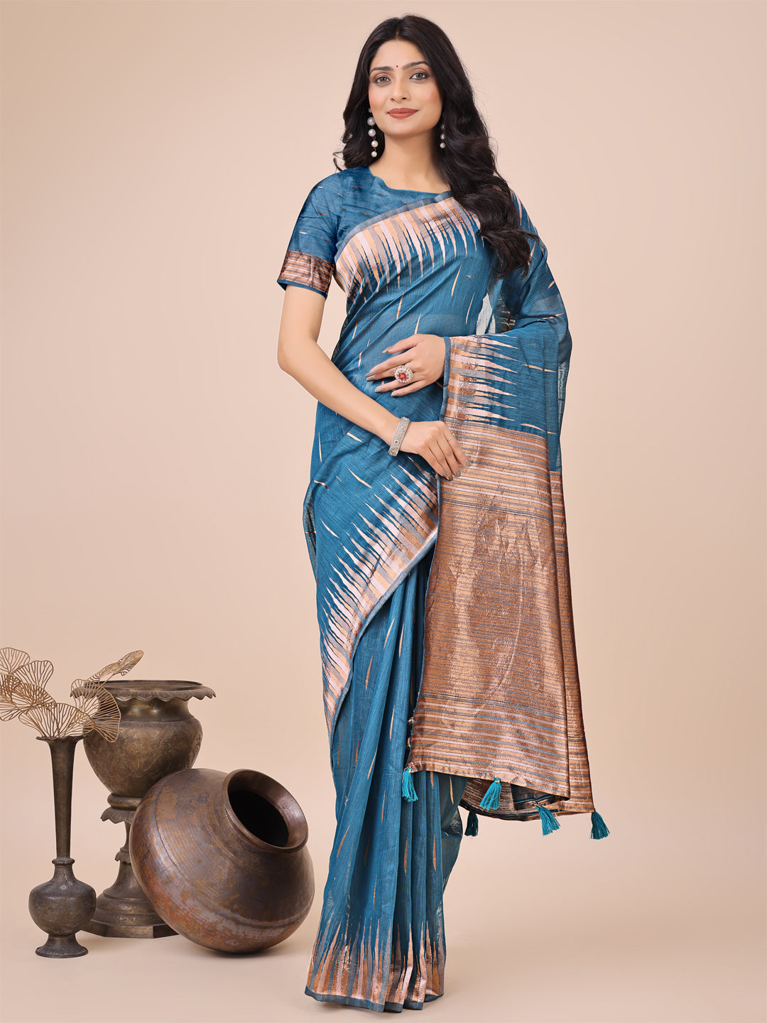 Shree Shyam Fashion Elegant Blue Linen Cotton Saree with Copper Zari Pallu and Artistic Brush Pattern - Festive & Formal Wear