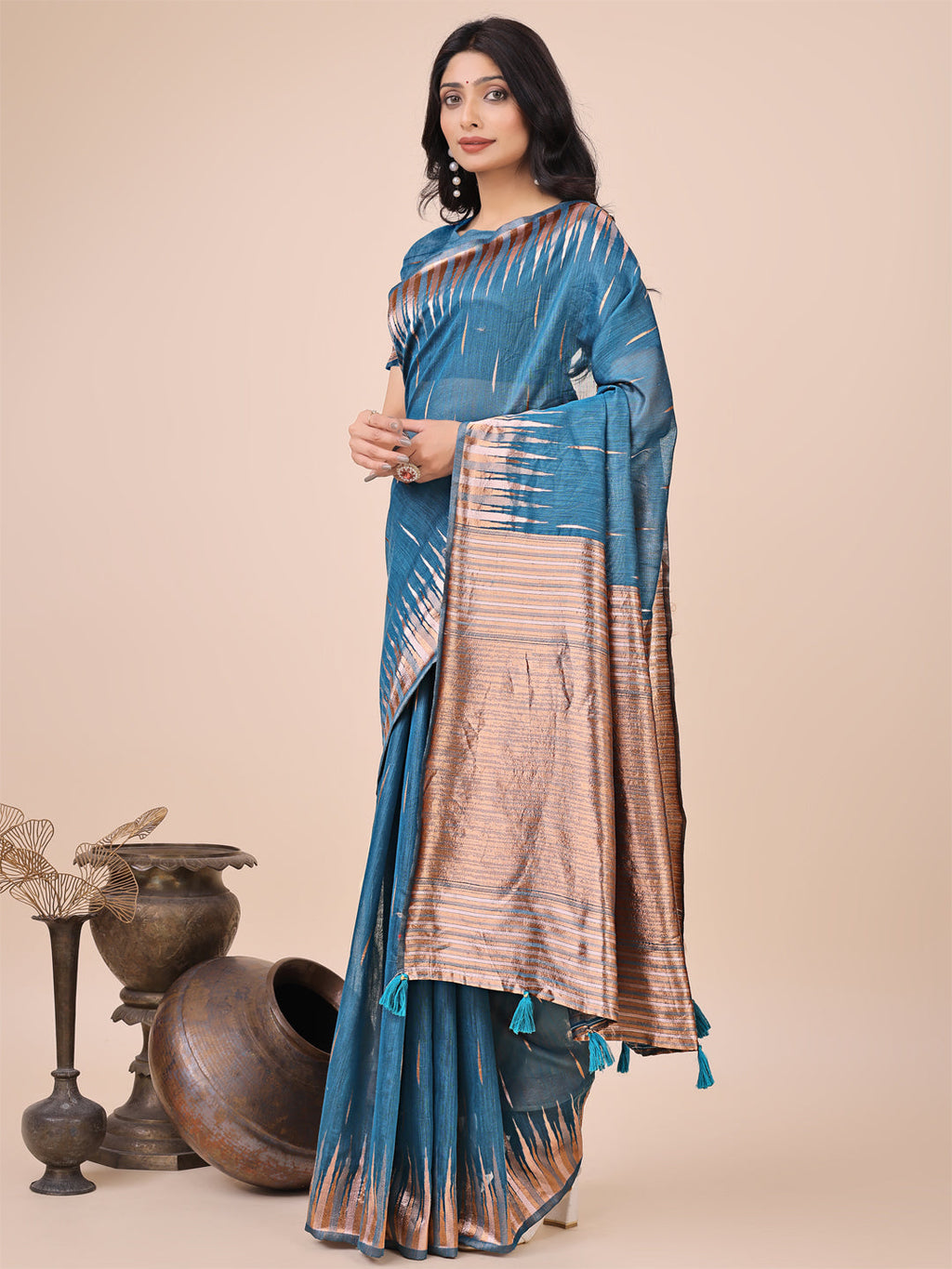 Shree Shyam Fashion Elegant Blue Linen Cotton Saree with Copper Zari Pallu and Artistic Brush Pattern - Festive & Formal Wear