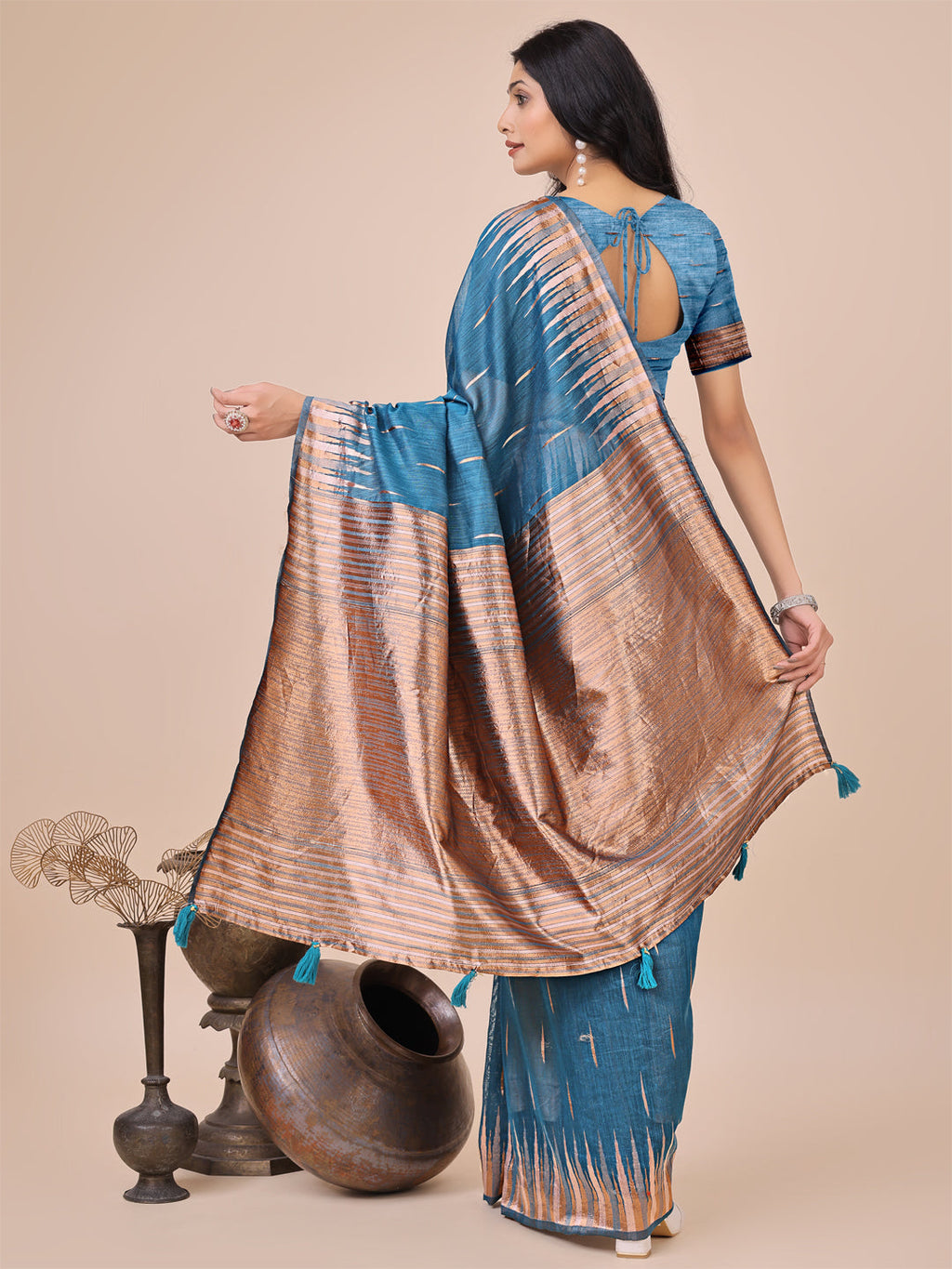 Shree Shyam Fashion Elegant Blue Linen Cotton Saree with Copper Zari Pallu and Artistic Brush Pattern - Festive & Formal Wear