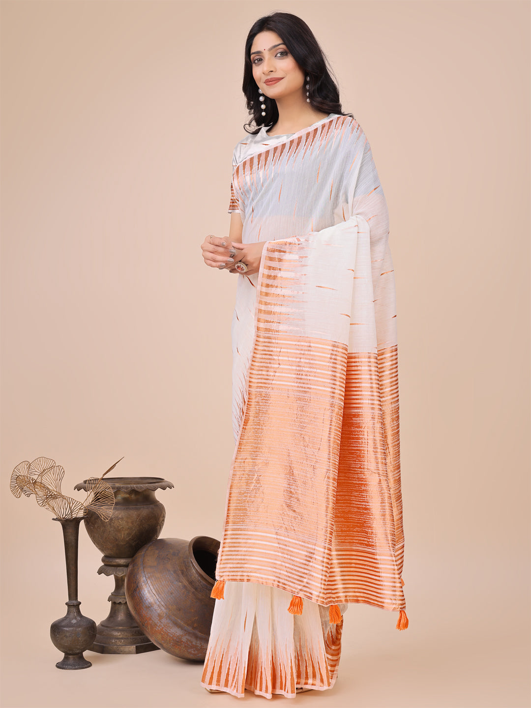 Shree Shyam Fashion Elegant White Linen Cotton Saree with Copper Zari Pallu and Artistic Brush Pattern - Festive & Formal Wear