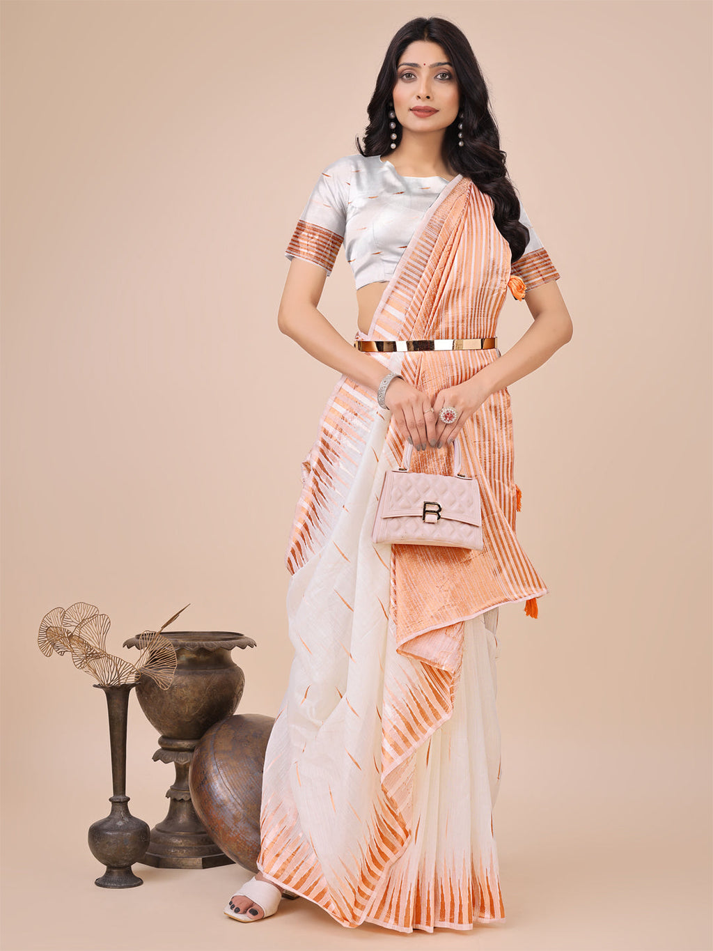Shree Shyam Fashion Elegant White Linen Cotton Saree with Copper Zari Pallu and Artistic Brush Pattern - Festive & Formal Wear