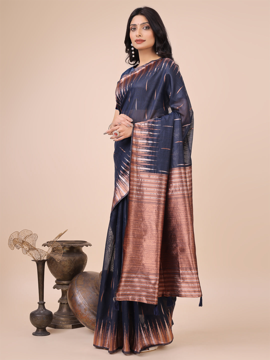 Shree Shyam Fashion Elegant Navy Blue Linen Cotton Saree with Copper Zari Pallu and Artistic Brush Pattern - Festive & Formal Wear