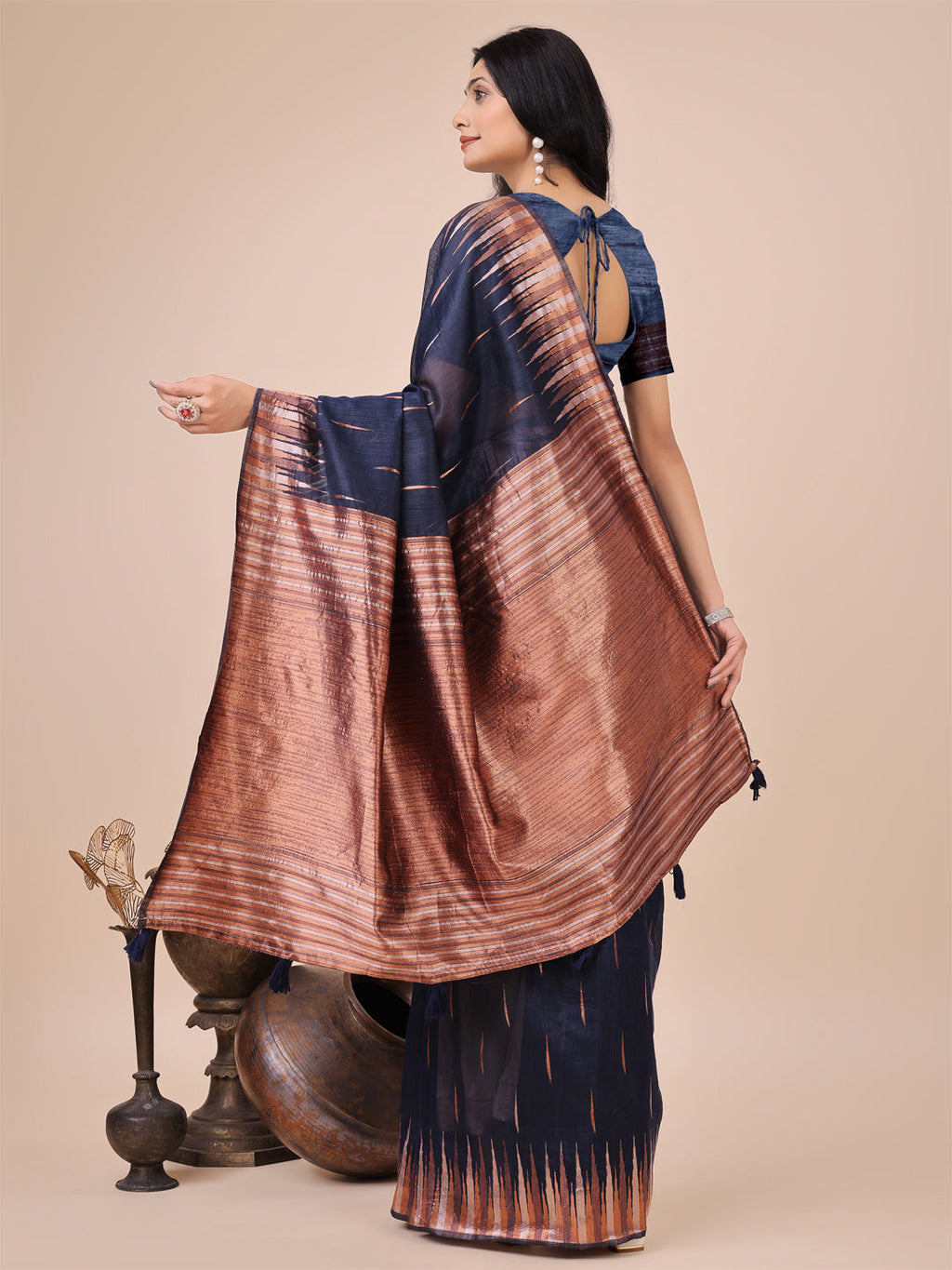 Shree Shyam Fashion Elegant Navy Blue Linen Cotton Saree with Copper Zari Pallu and Artistic Brush Pattern - Festive & Formal Wear