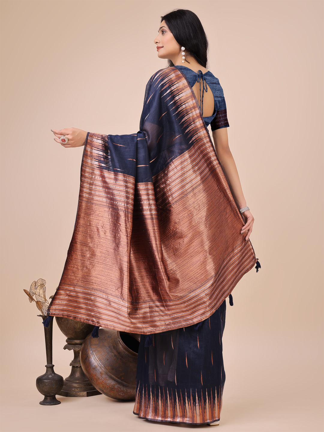 Shree Shyam Fashion Elegant Navy Blue Linen Cotton Saree with Copper Zari Pallu and Artistic Brush Pattern - Festive & Formal Wear