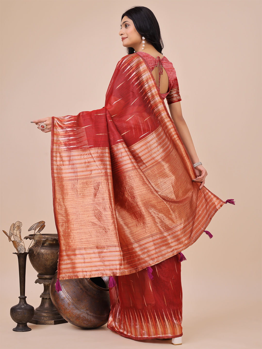 Shree Shyam Fashion Elegant Red Linen Cotton Saree with Copper Zari Pallu and Artistic Brush Pattern - Festive & Formal Wear