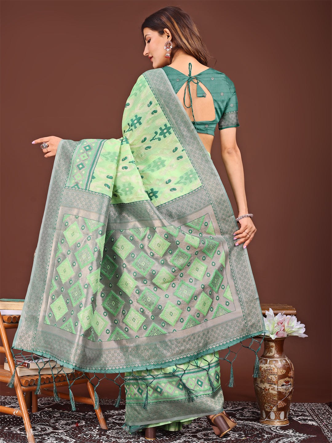Shree Shyam Fashion Radiant Light Green Linen Cotton Patola Saree - Where Tradition Dances with Elegance