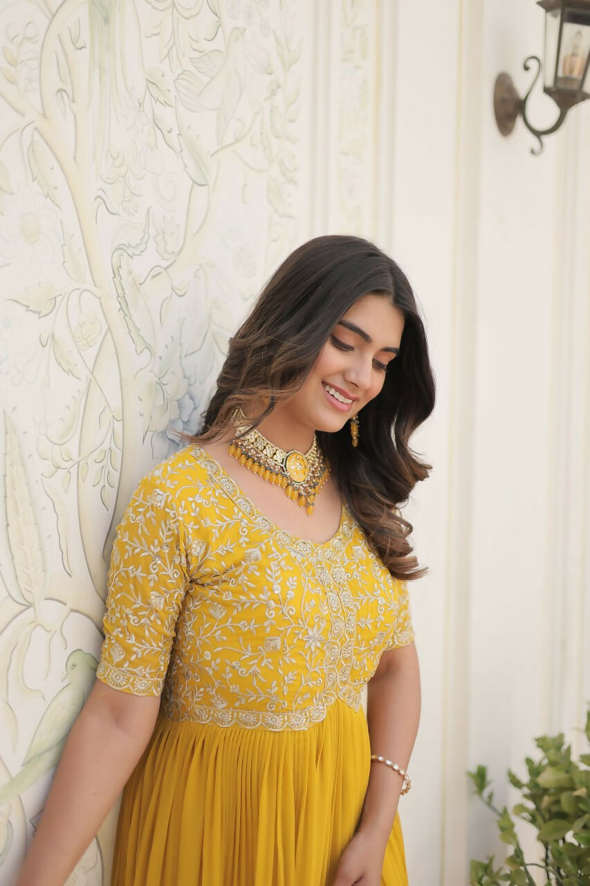 Vastranavya Faux Blooming with Embroidery Zari Sequins-work Gown - Yellow