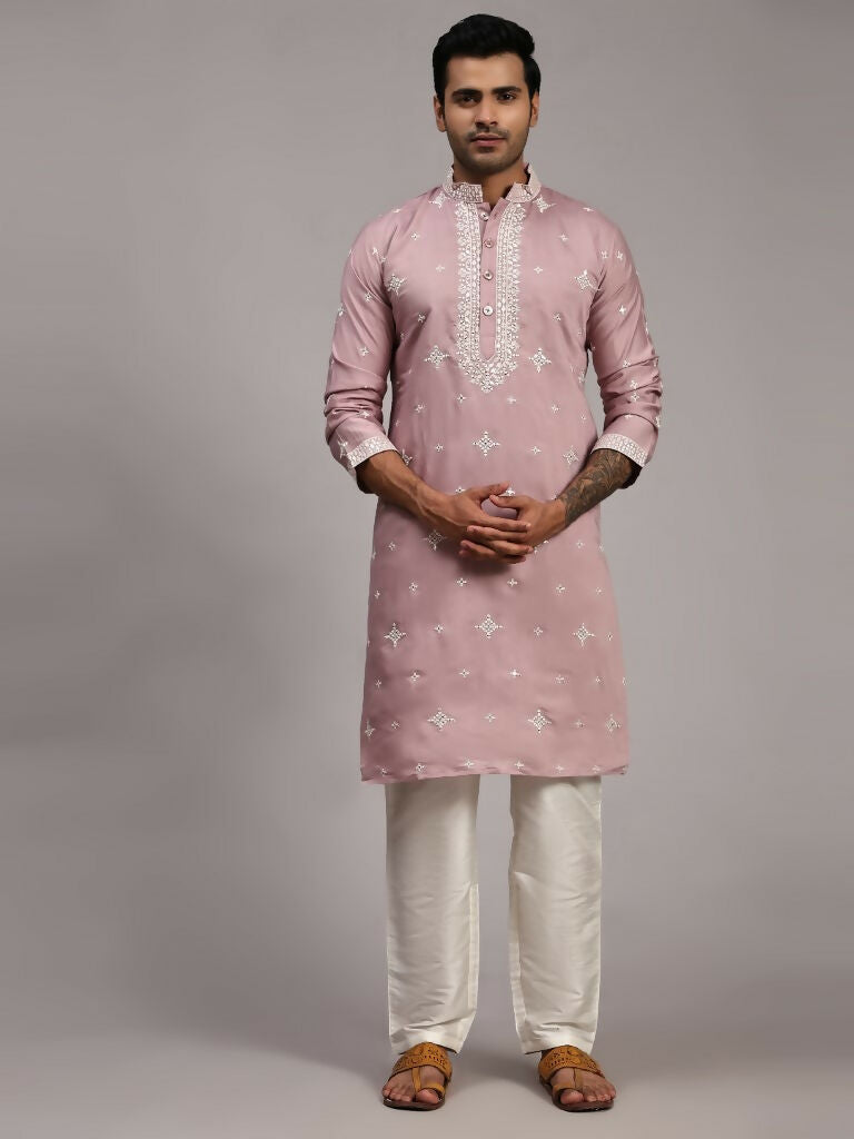Pink Silk Designer Embroidery Work Men's Rajwadi Kurta Set - Mahotsav