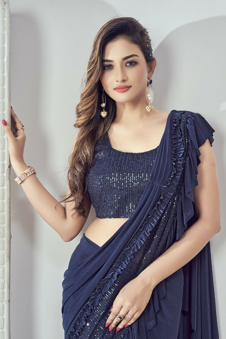 Mahotsav Women's Navy Blue Lycra Embellished Ready To Wear Saree With Stitched Blouse