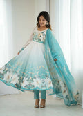 Teeya Creation Aquablue Color Soft organza Silk Digital Print Party Wear Gown