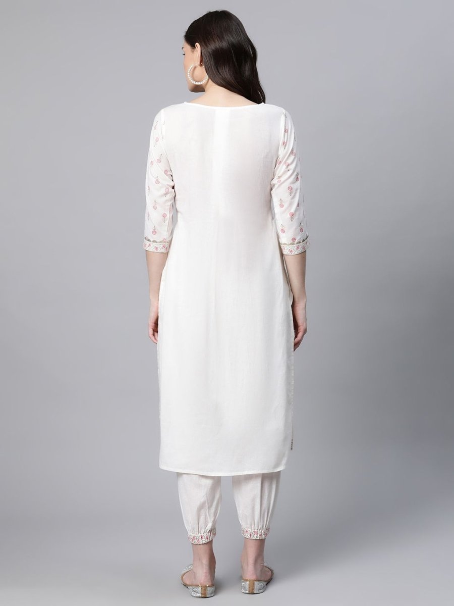 Ahalyaa Women Offwhite Pure Cotton Printed Floral Kurta With Trousers