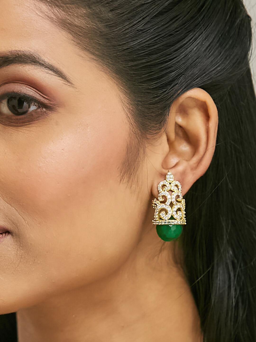 Nuyug 22K Gold-Plated Green Gemstone & Zircon Studded Contemporary Filigree Motif Studs