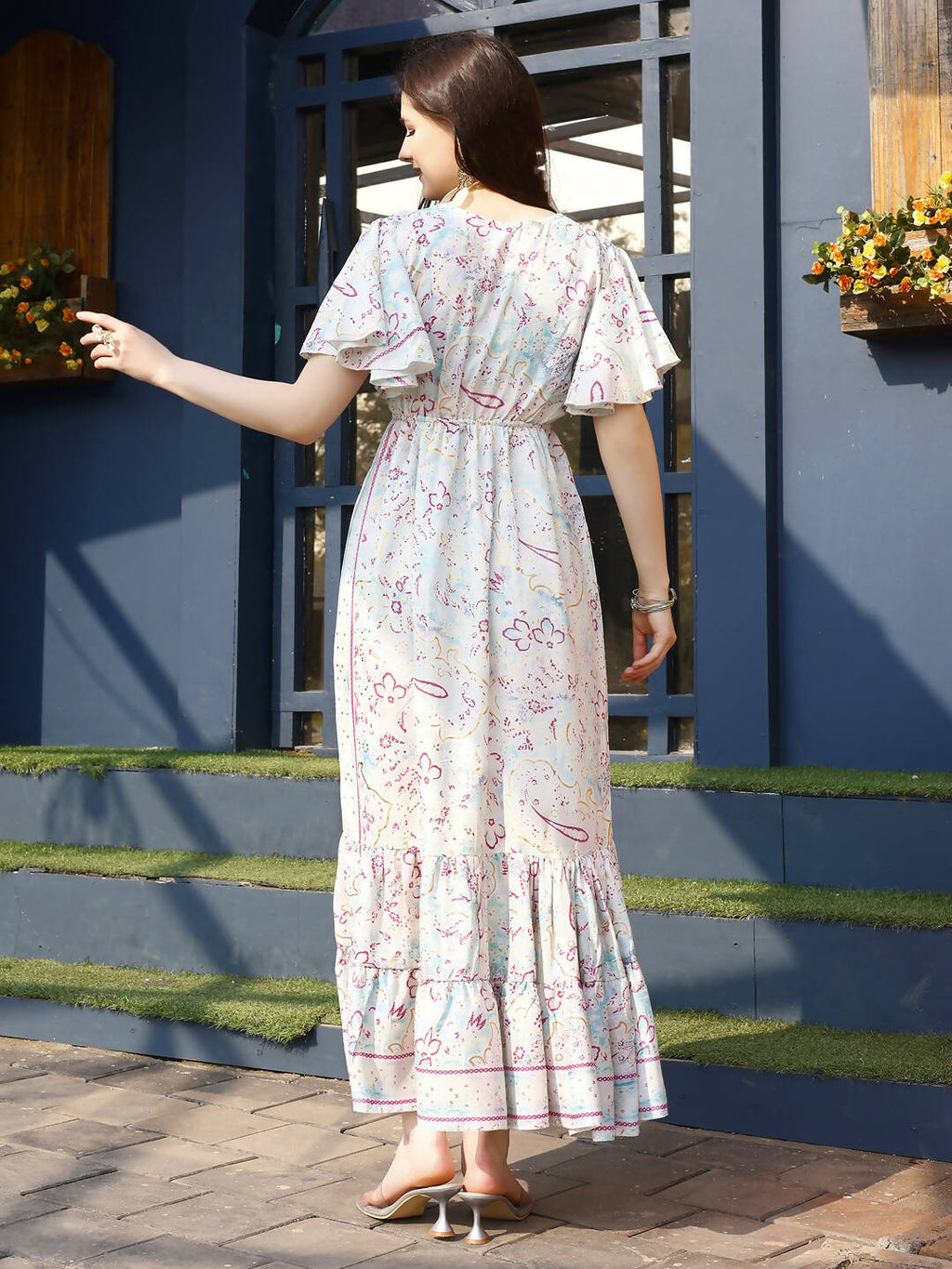 Off white Rayon Foil Printed Long Dress - Michan