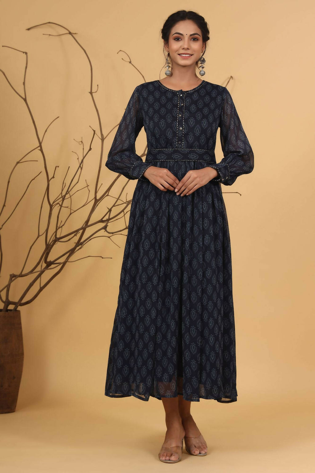 Juniper Women Navy Chiffon Printed Flared Dress
