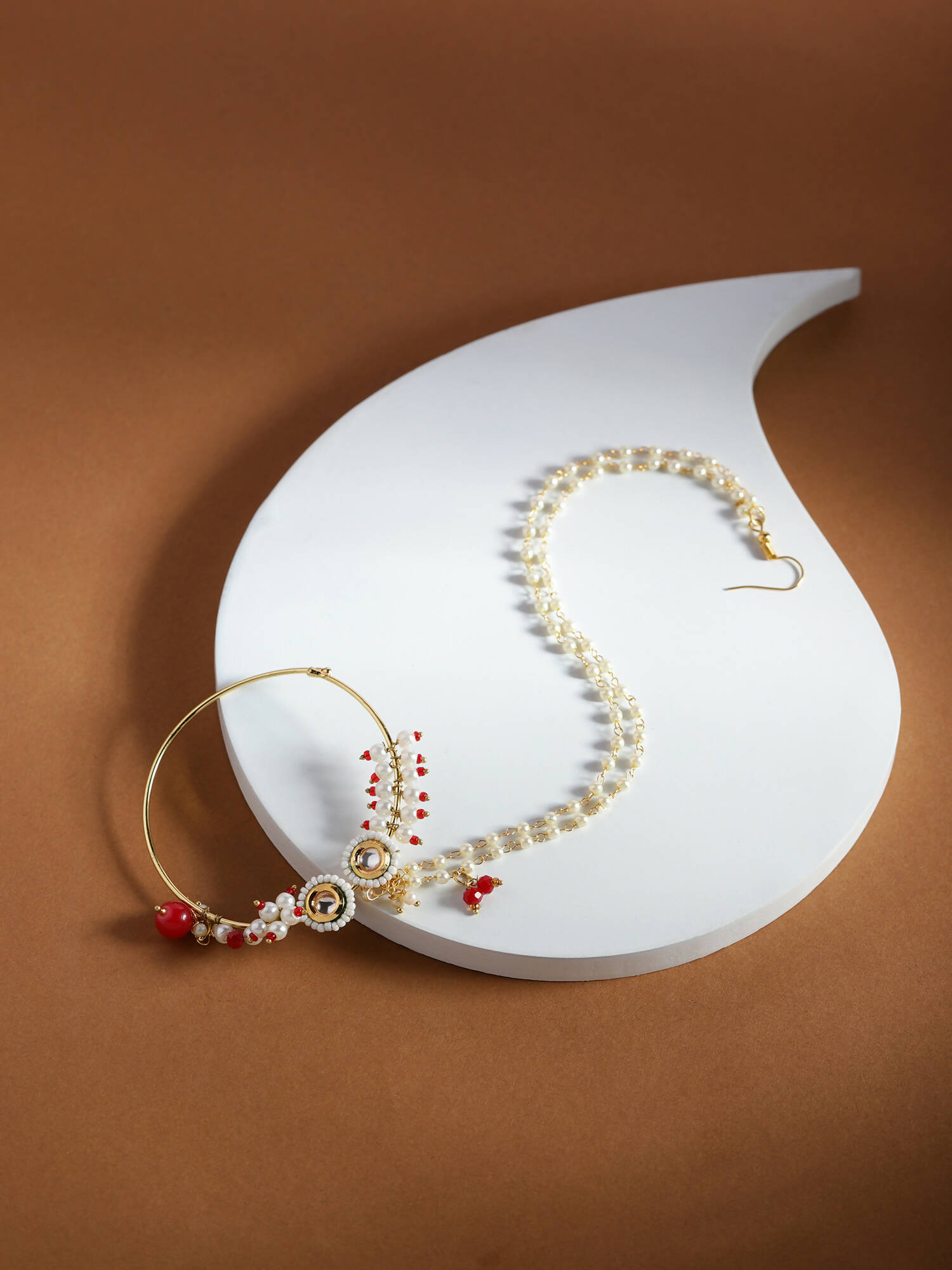Gold-Polished White Red Kundan Studded Beaded Chained Nose Ring - Ruby Raang