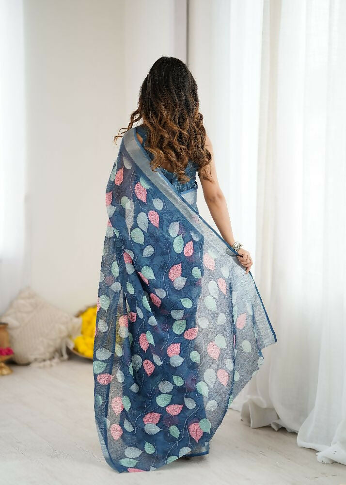 PR Fashion Dark_Blue Linen Patta Printed Saree