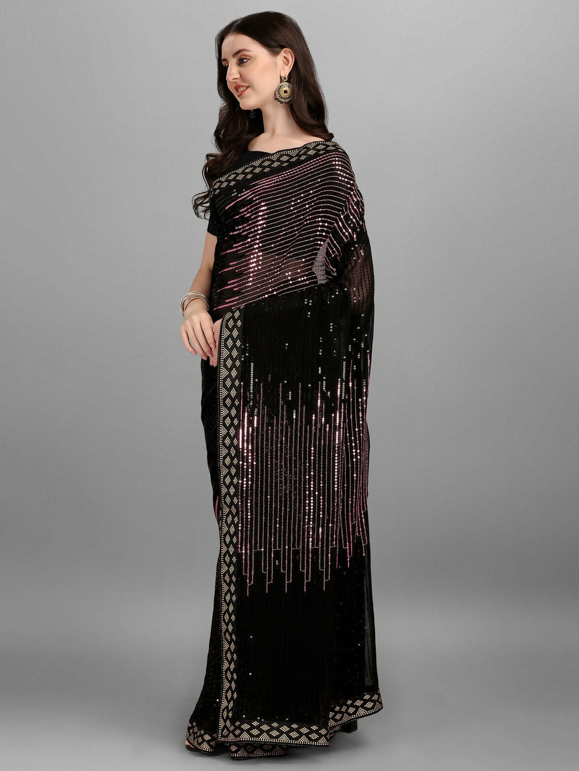 Vegaa Fashion Black Georgette Embroidered Party Wear Saree