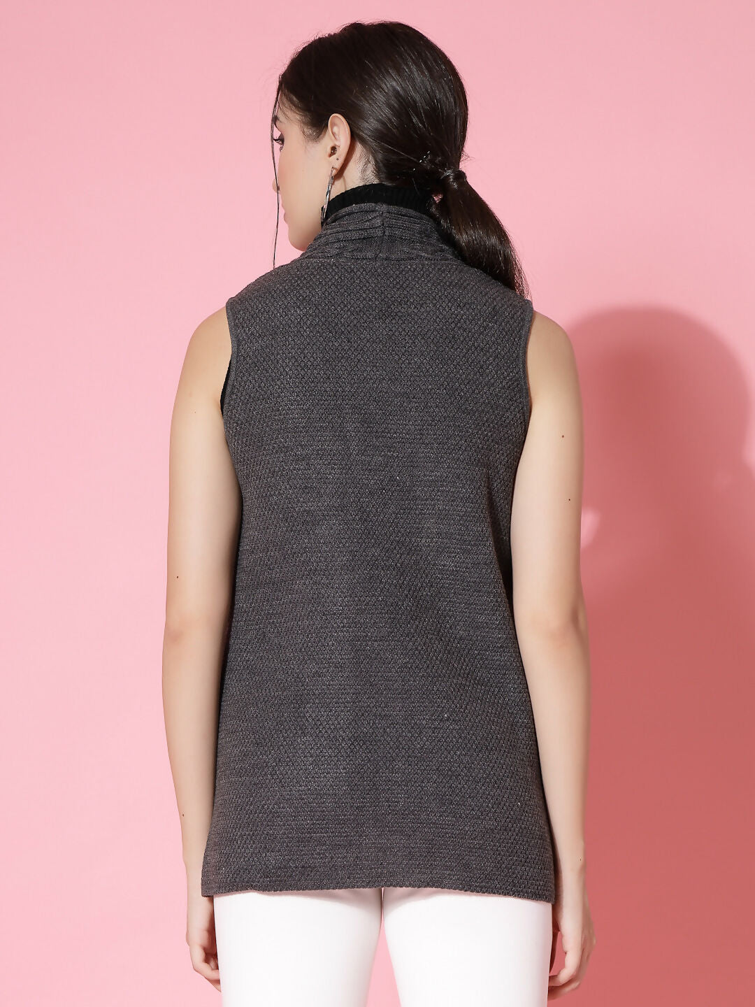 Women Charcoal Acrylic Self Design Winter Cardigan - Wool Trees