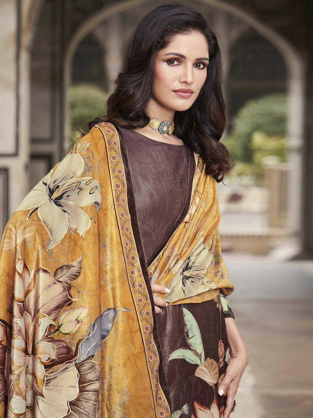 Jyoti Fashion Women's Brown Velvet Floral Digital Printed Kurta with Trouser & Dupatta
