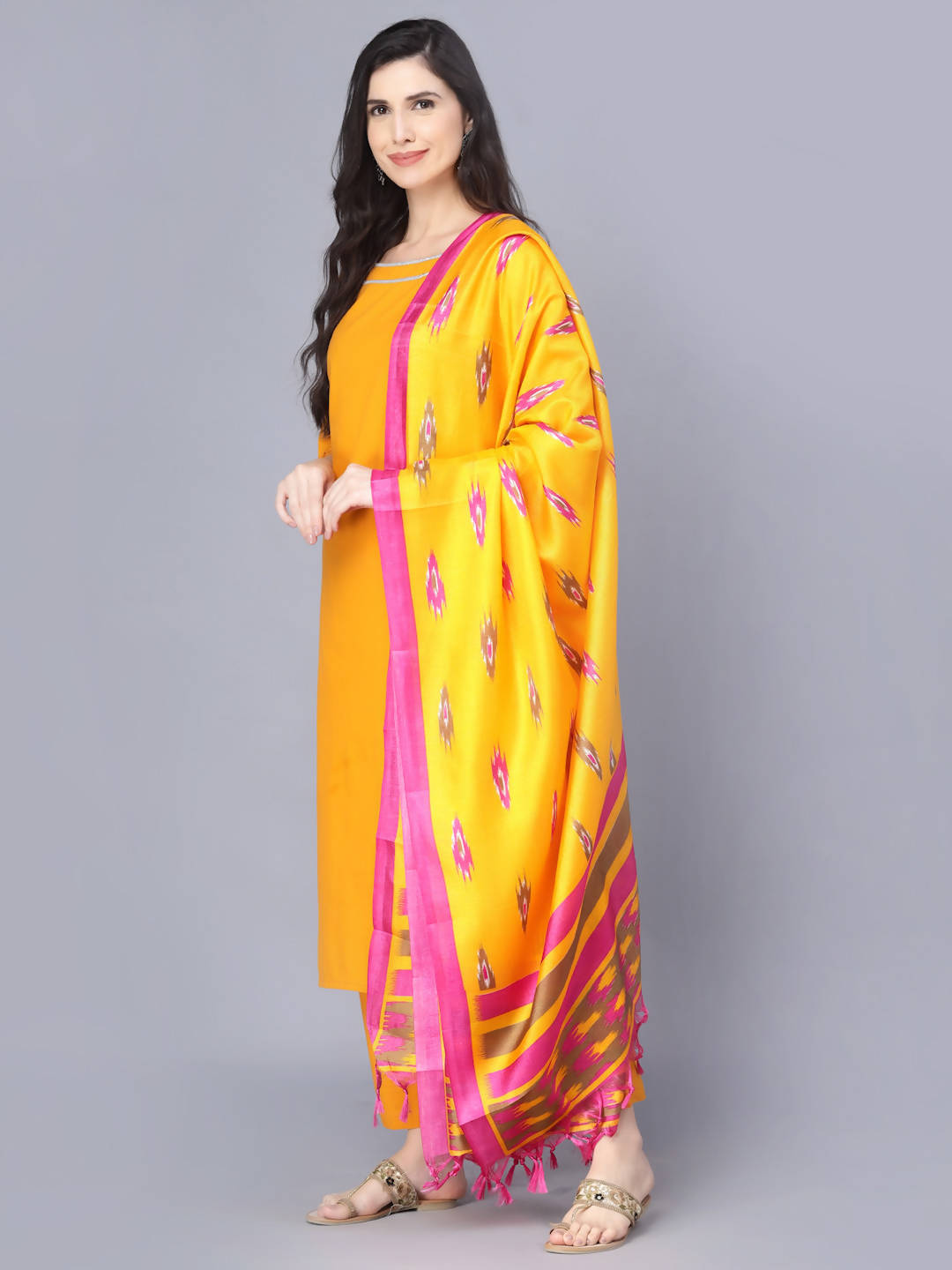 Myshka Women Mustard Yellow Pure Cotton Kurta with Trousers With Dupatta
