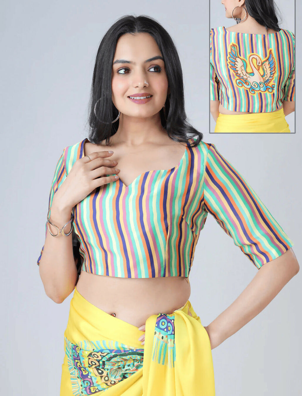Vastranavya Yellow Ready to Wear Swan Print Free Hand Saree
