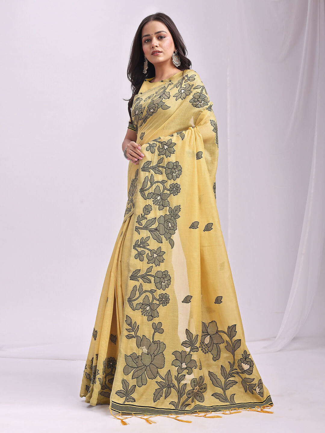 Shree Shyam Fashion Kashira Yellow Linen Cotton Saree