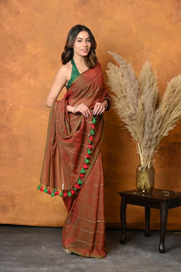 Very Much Indian Designer Mul Cotton Handloom Saree with Sequins - Dual Tone Red Green