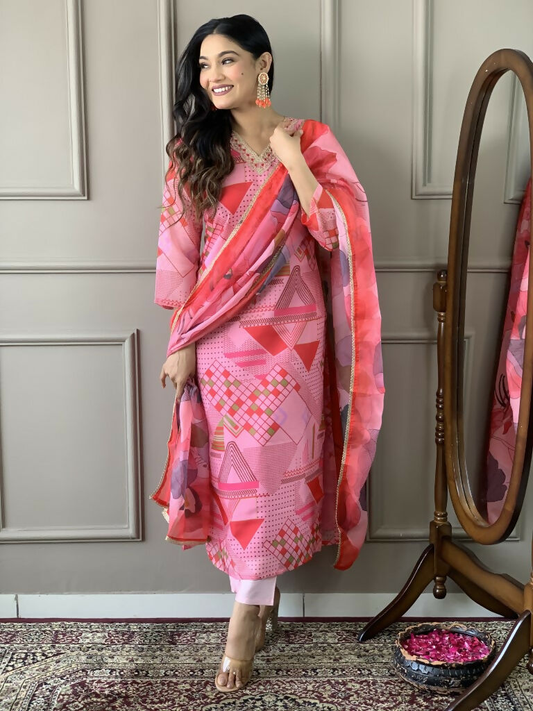 Multi Pink Viscose Chanderi Stitched Suit With Dupatta - Tanisha