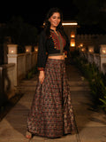Juniper Women's The Rekha Chitra Black Thread Embroidered Rayon Top & Printed Skirt Set With Beads & Mirror Work