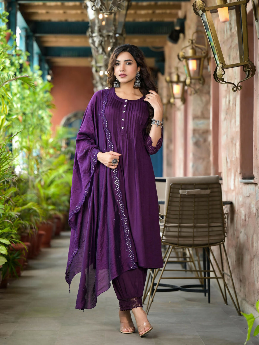 Juniper Women's Plum Thread Embroidered Liva Rayon Kurta Set With Buttons & Mirror Work