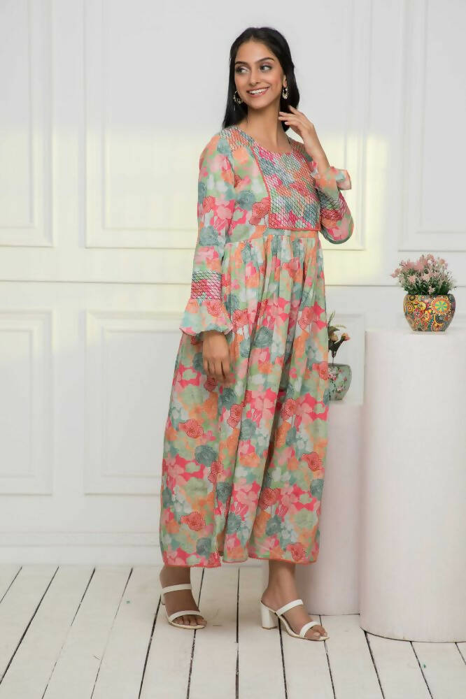 Myshka Women Multi Floral Rayon A-Line Round Neck Dress