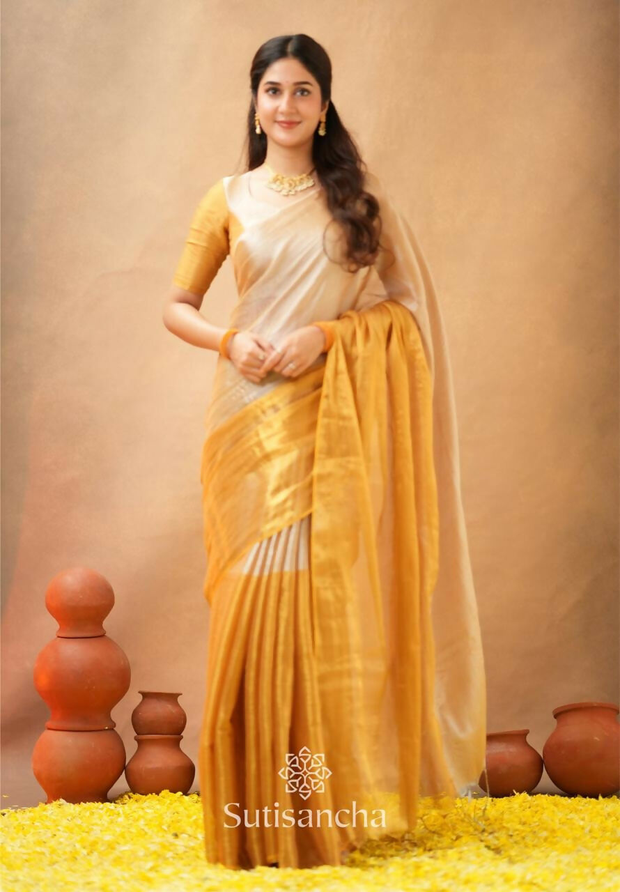 Exclusive Collection Beautiful Yellow Tissue Silk Hand Weaving Handloom Saree With Running Blouse Piece