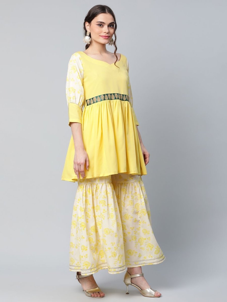 Ahalyaa Women Yellow Crepe Floral Short Kurta with Sharara Set