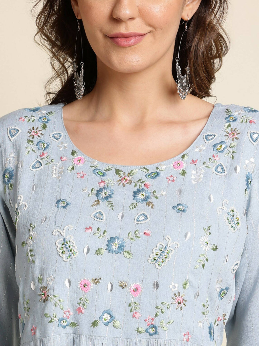 Sky Blue Chinon Floral Embroidered Dress - Nandani