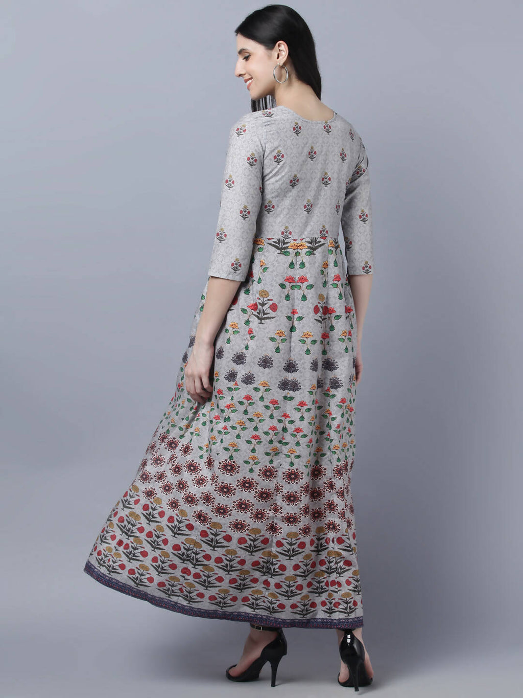 Myshka Women Grey Printed Ethnic Maxi Dress