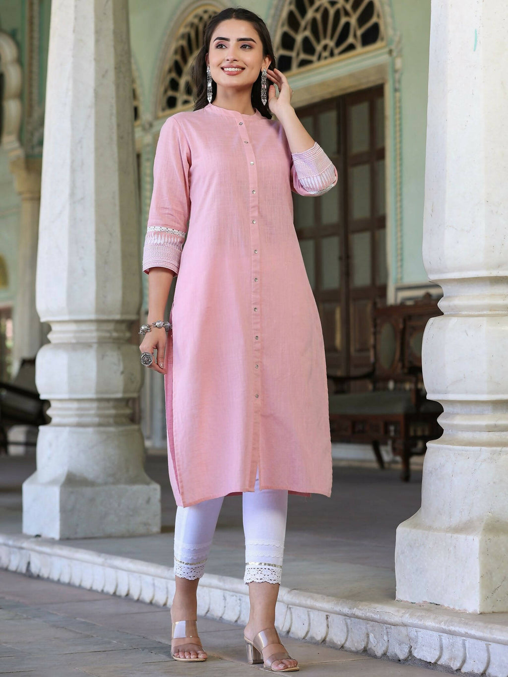 Juniper Women's Pink Cotton Slub Embroidered Straight Kurta