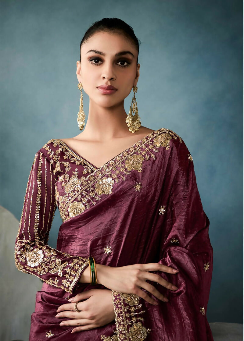 Monjolika Fashion Wine Tissue Embroidered Sequins And Zari Work Saree