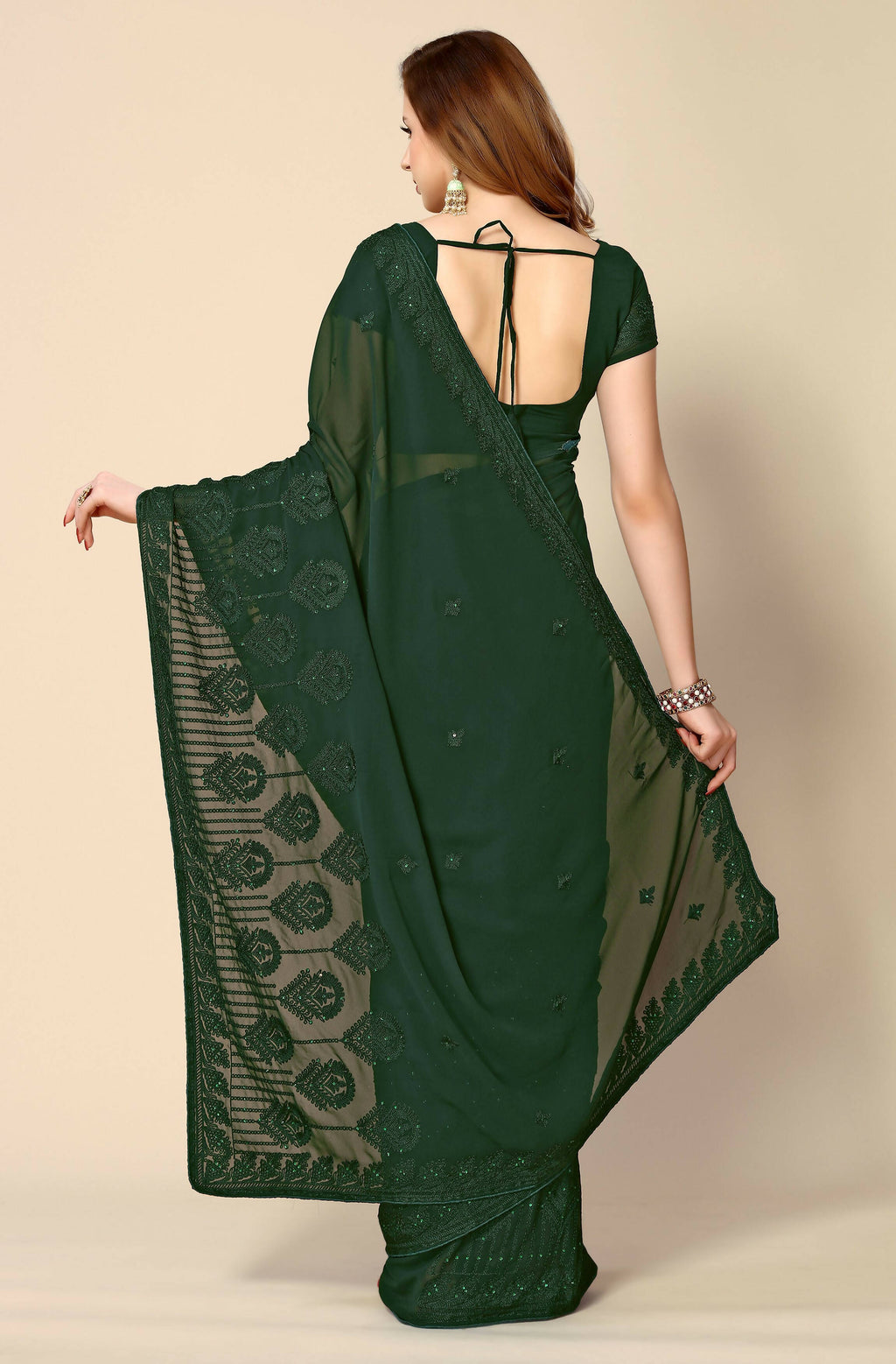 Green Georgette Embroidered and Stone Work Saree with Unstitched Blouse Piece - Roozal