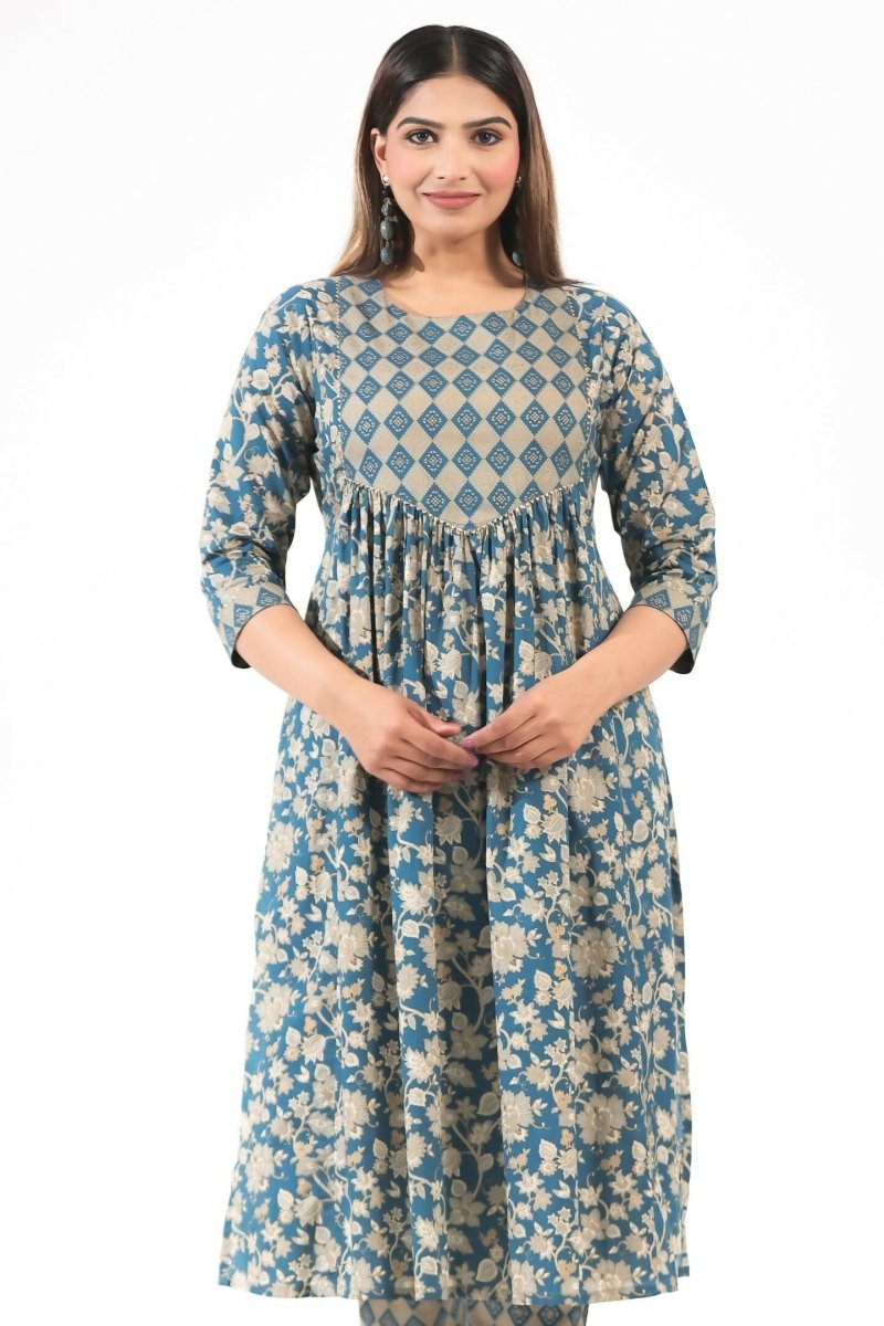 Aramya Blue Soft Cotton Gold foil A-line Kurta for Women